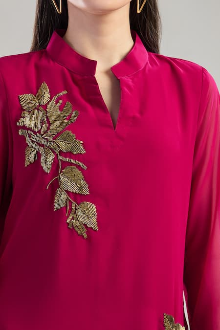 Naintara Bajaj_Fuchsia Georgette Beads Mandarin Collar Seed Embroidered Kurta _Online_at_Aza_Fashions