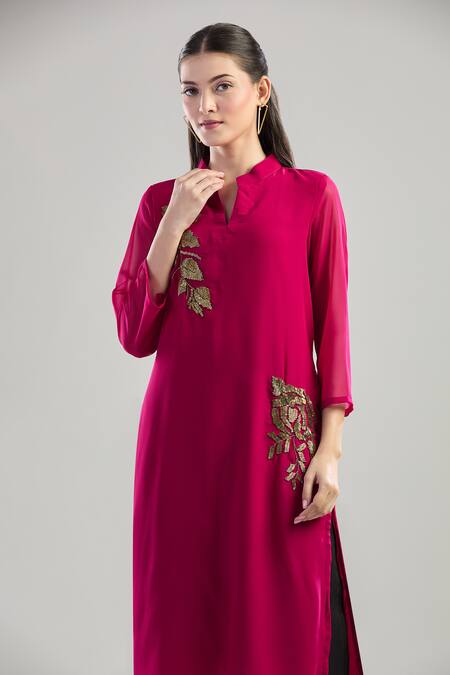 Buy_Naintara Bajaj_Fuchsia Georgette Beads Mandarin Collar Seed Embroidered Kurta _Online_at_Aza_Fashions