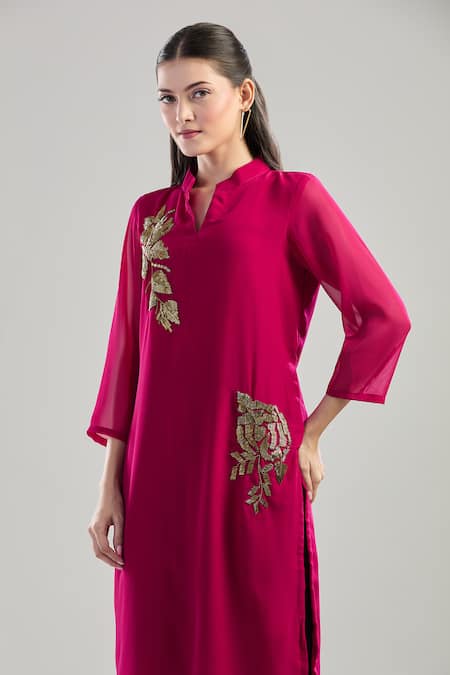 Shop_Naintara Bajaj_Fuchsia Georgette Beads Mandarin Collar Seed Embroidered Kurta _Online_at_Aza_Fashions