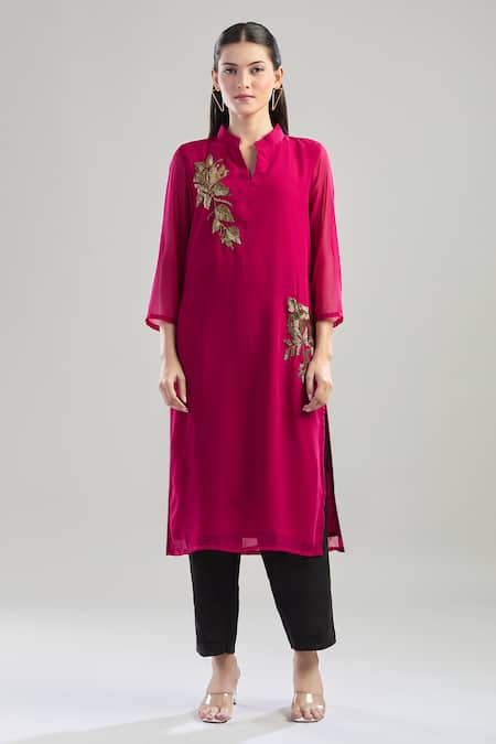 Naintara Bajaj_Fuchsia Georgette Beads Mandarin Collar Seed Embroidered Kurta _at_Aza_Fashions