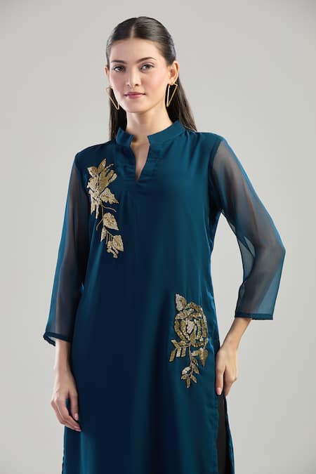 Naintara Bajaj_Blue Georgette Beads Mandarin Collar Glass Embroidered Kurta _Online_at_Aza_Fashions