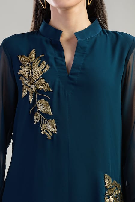Buy_Naintara Bajaj_Blue Georgette Beads Mandarin Collar Glass Embroidered Kurta _Online_at_Aza_Fashions