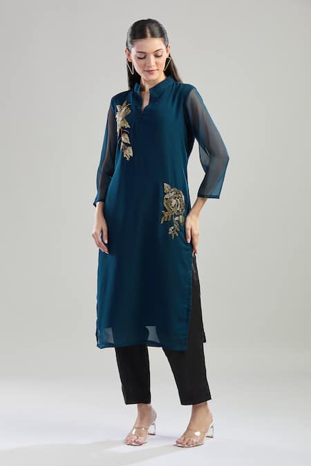Shop_Naintara Bajaj_Blue Georgette Beads Mandarin Collar Glass Embroidered Kurta _Online_at_Aza_Fashions