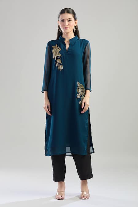 Naintara Bajaj_Blue Georgette Beads Mandarin Collar Glass Embroidered Kurta _at_Aza_Fashions