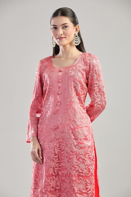 Samyukta Singhania Coral Organza, Crepe Embroidery Round Neck Aari Kurta And Dhoti Pant Set Online at Aza Fashions Samyukta Singhania_Coral Organza, Crepe Embroidery Round Neck Aari Kurta And Dhoti Pant Set _Online_at_Aza_Fashions