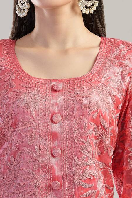 Samyukta Singhania Coral Organza, Crepe Embroidery Round Neck Aari Kurta And Dhoti Pant Set at Aza Fashions Samyukta Singhania_Coral Organza, Crepe Embroidery Round Neck Aari Kurta And Dhoti Pant Set _at_Aza_Fashions