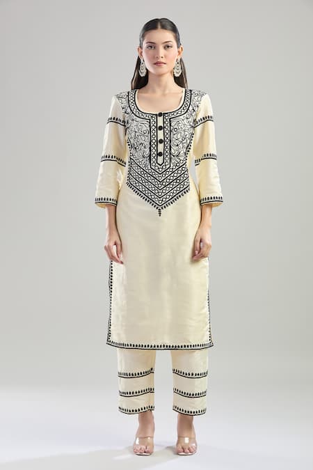 Buy_Samyukta Singhania_Cream Silk, Net Embroidery Scoop Neck Aari Kurta Pant Set _Online_at_Aza_Fashions