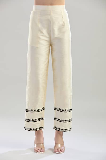 Shop_Samyukta Singhania_Cream Silk, Net Embroidery Scoop Neck Aari Kurta Pant Set _Online_at_Aza_Fashions