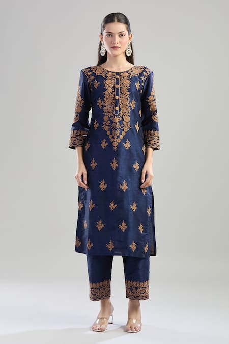 Buy_Samyukta Singhania_Blue Silk, Cotton, Net Embroidery Round Neck Floral Aari Kurta Pant Set _Online_at_Aza_Fashions