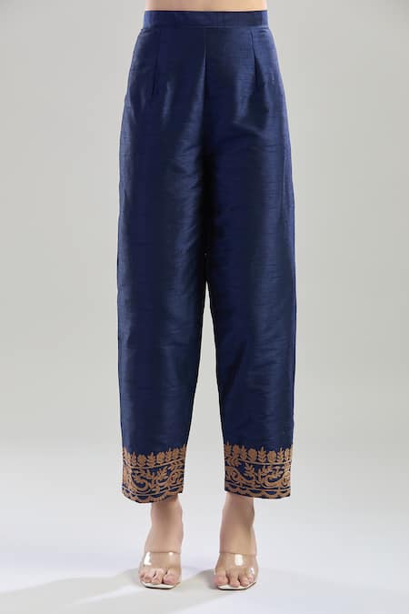 Shop_Samyukta Singhania_Blue Silk, Cotton, Net Embroidery Round Neck Floral Aari Kurta Pant Set _Online_at_Aza_Fashions