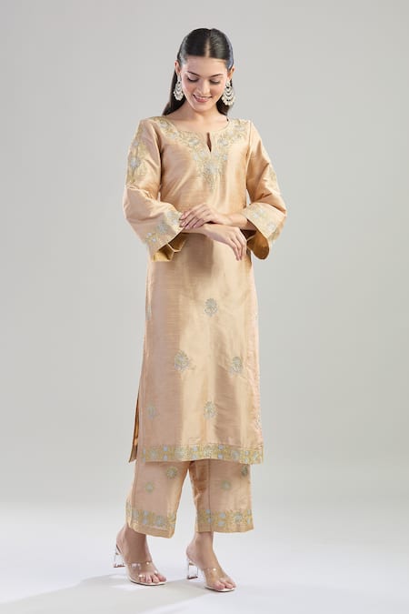 Buy Samyukta Singhania Gold Silk, Cotton Embroidery Open Neck Zari Kurta Set Online at Aza Fashions Buy_Samyukta Singhania_Gold Silk, Cotton Embroidery Open Neck Zari Kurta Set _Online_at_Aza_Fashions