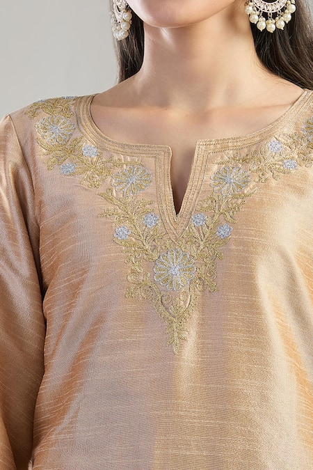 Shop Samyukta Singhania Gold Silk, Cotton Embroidery Open Neck Zari Kurta Set Online at Aza Fashions Shop_Samyukta Singhania_Gold Silk, Cotton Embroidery Open Neck Zari Kurta Set _Online_at_Aza_Fashions