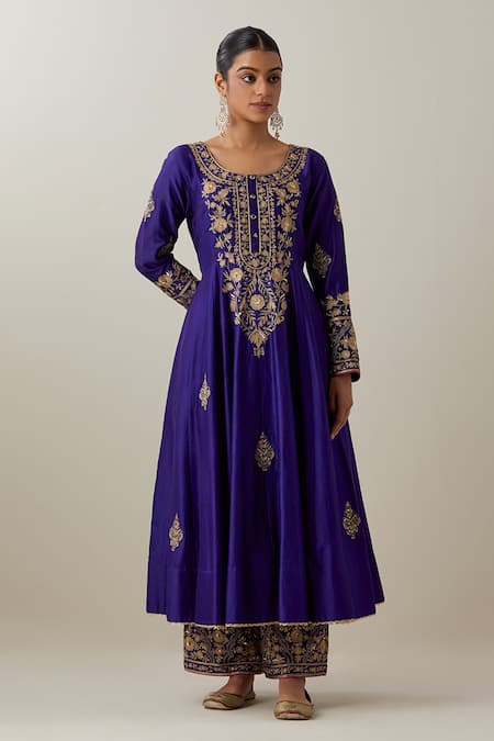 Shop Ikshita Choudhary Blue Chanderi Silk, Tissue, Organza Embroidery, Lace Round Floral Anarkali Set Online at Aza Fashions Shop_Ikshita Choudhary_Blue Chanderi Silk, Tissue, Organza Embroidery, Lace Round Floral Anarkali Set _Online_at_Aza_Fashions