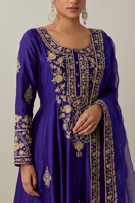 Ikshita Choudhary Blue Chanderi Silk, Tissue, Organza Embroidery, Lace Round Floral Anarkali Set at Aza Fashions Ikshita Choudhary_Blue Chanderi Silk, Tissue, Organza Embroidery, Lace Round Floral Anarkali Set _at_Aza_Fashions