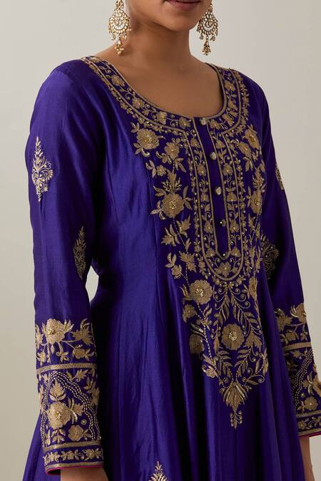 Buy Ikshita Choudhary Blue Chanderi Silk, Tissue, Organza Embroidery, Lace Round Floral Anarkali Set Buy_Ikshita Choudhary_Blue Chanderi Silk, Tissue, Organza Embroidery, Lace Round Floral Anarkali Set