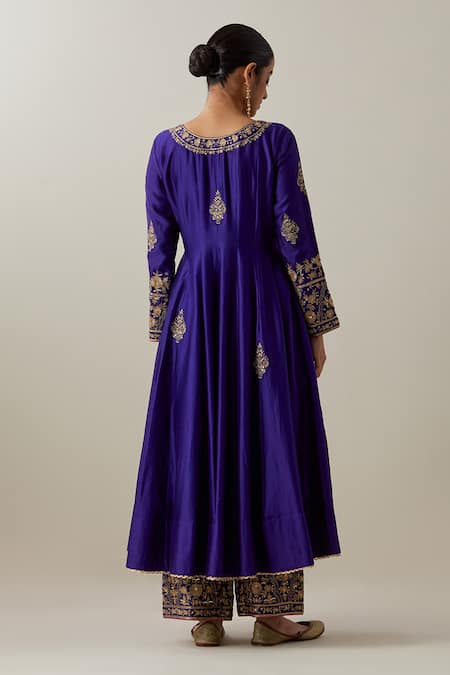 Shop Ikshita Choudhary Blue Chanderi Silk, Tissue, Organza Embroidery, Lace Round Floral Anarkali Set at Aza Fashions Shop_Ikshita Choudhary_Blue Chanderi Silk, Tissue, Organza Embroidery, Lace Round Floral Anarkali Set _at_Aza_Fashions