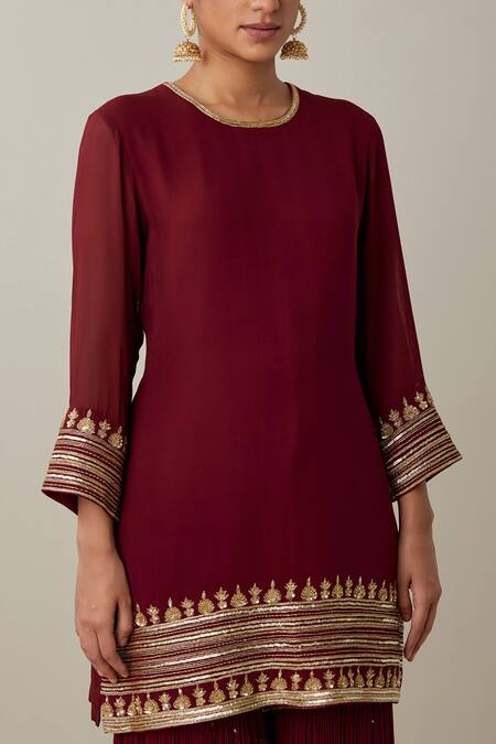 Ikshita Choudhary_Maroon Georgette, Tissue, Organza Sequins, Floral Embroidered Kurta Gharara Set _Online_at_Aza_Fashions