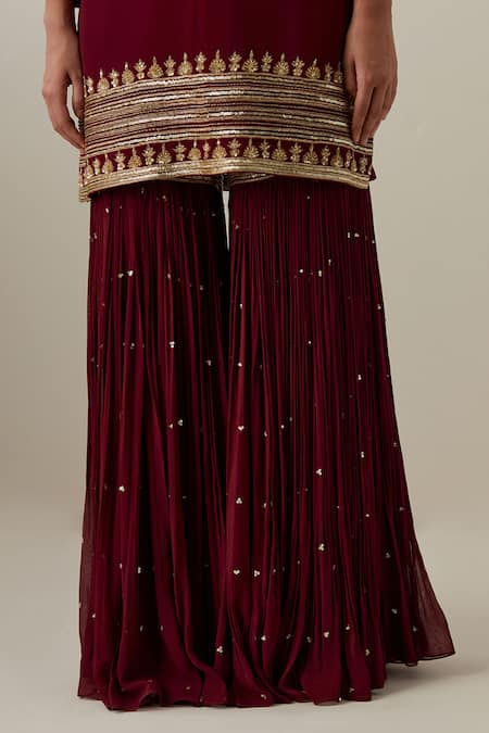 Buy_Ikshita Choudhary_Maroon Georgette, Tissue, Organza Sequins, Floral Embroidered Kurta Gharara Set _Online_at_Aza_Fashions