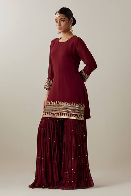 Shop_Ikshita Choudhary_Maroon Georgette, Tissue, Organza Sequins, Floral Embroidered Kurta Gharara Set _Online_at_Aza_Fashions