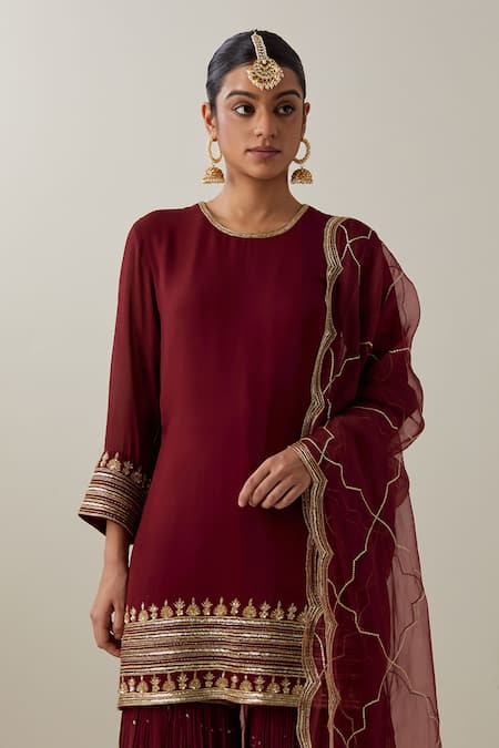Ikshita Choudhary_Maroon Georgette, Tissue, Organza Sequins, Floral Embroidered Kurta Gharara Set _at_Aza_Fashions