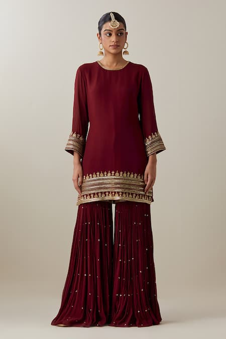 Buy_Ikshita Choudhary_Maroon Georgette, Tissue, Organza Sequins, Floral Embroidered Kurta Gharara Set 
