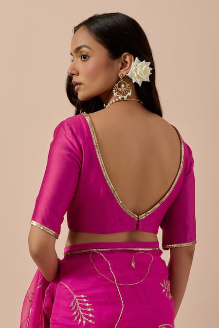 Buy_Ikshita Choudhary_Magenta Organza, Chanderi, Satin Embroidery V-neck Blossom Pattern Saree Set _Online_at_Aza_Fashions