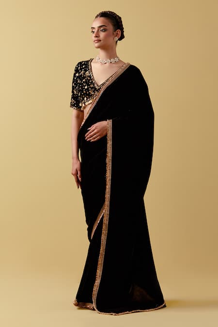 Ikshita Choudhary_Black Velvet, Satin, Cotton Cut Work, Sequins, Kiran Lace Border Saree Set _Online_at_Aza_Fashions