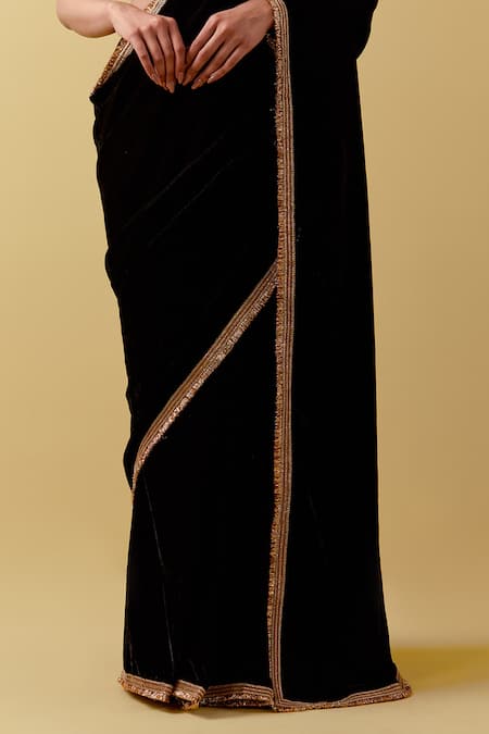 Buy_Ikshita Choudhary_Black Velvet, Satin, Cotton Cut Work, Sequins, Kiran Lace Border Saree Set _Online_at_Aza_Fashions