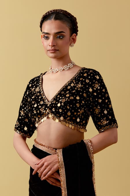 Shop_Ikshita Choudhary_Black Velvet, Satin, Cotton Cut Work, Sequins, Kiran Lace Border Saree Set _Online_at_Aza_Fashions