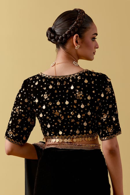 Ikshita Choudhary_Black Velvet, Satin, Cotton Cut Work, Sequins, Kiran Lace Border Saree Set _at_Aza_Fashions