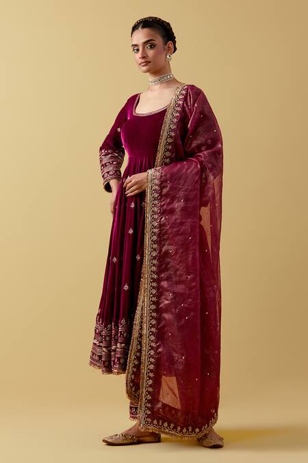 Ikshita Choudhary Maroon Velvet, Organza, Cotton Beads, Sequins, Cut Work, Floral Anarkali Set Online at Aza Fashions Ikshita Choudhary_Maroon Velvet, Organza, Cotton Beads, Sequins, Cut Work, Floral Anarkali Set _Online_at_Aza_Fashions