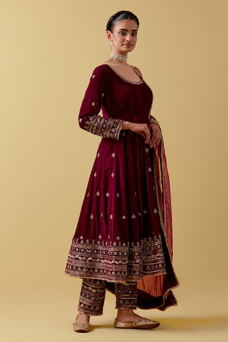 Buy Ikshita Choudhary Maroon Velvet, Organza, Cotton Beads, Sequins, Cut Work, Floral Anarkali Set Online at Aza Fashions Buy_Ikshita Choudhary_Maroon Velvet, Organza, Cotton Beads, Sequins, Cut Work, Floral Anarkali Set _Online_at_Aza_Fashions