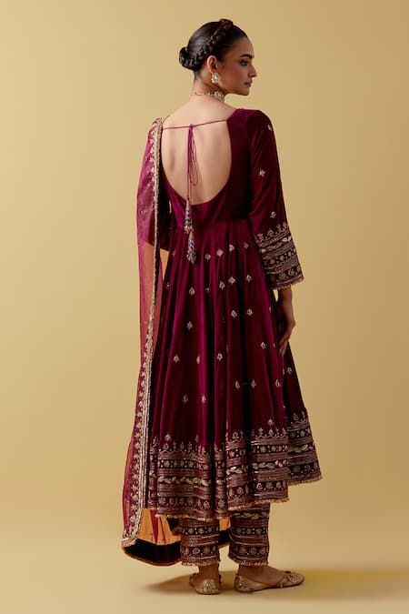 Shop Ikshita Choudhary Maroon Velvet, Organza, Cotton Beads, Sequins, Cut Work, Floral Anarkali Set at Aza Fashions Shop_Ikshita Choudhary_Maroon Velvet, Organza, Cotton Beads, Sequins, Cut Work, Floral Anarkali Set _at_Aza_Fashions