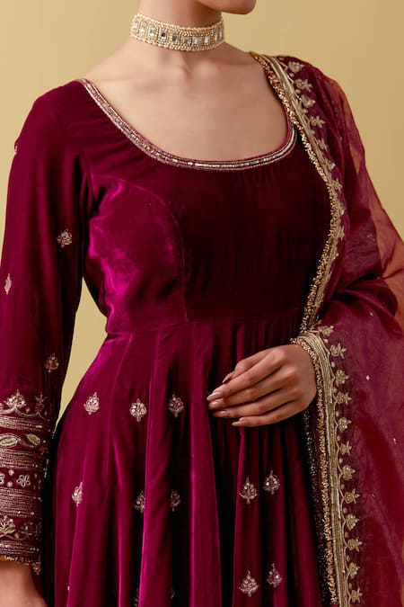 Shop Ikshita Choudhary Maroon Velvet, Organza, Cotton Beads, Sequins, Cut Work, Floral Anarkali Set Online at Aza Fashions Shop_Ikshita Choudhary_Maroon Velvet, Organza, Cotton Beads, Sequins, Cut Work, Floral Anarkali Set _Online_at_Aza_Fashions