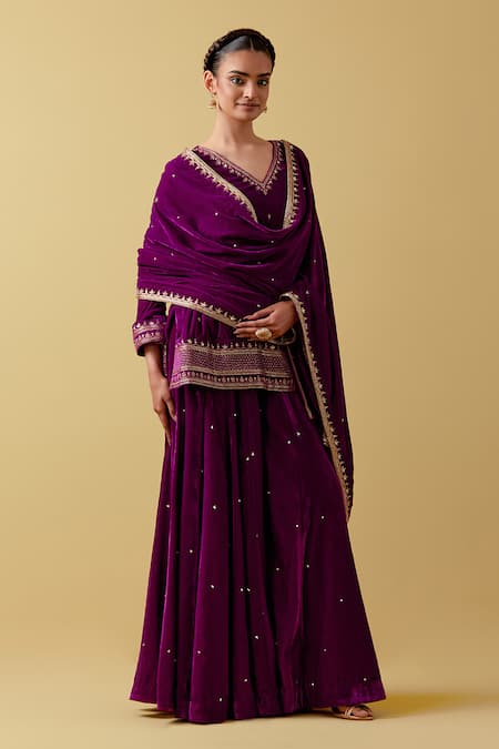 Ikshita Choudhary_Magenta Velvet, Linen Sequins, Beads, Cut Work, Embroidery Kurta Sharara Set _Online_at_Aza_Fashions