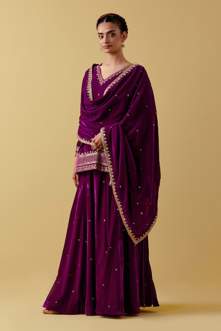 Buy_Ikshita Choudhary_Magenta Velvet, Linen Sequins, Beads, Cut Work, Embroidery Kurta Sharara Set _Online_at_Aza_Fashions