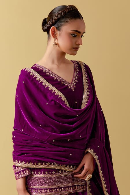 Shop_Ikshita Choudhary_Magenta Velvet, Linen Sequins, Beads, Cut Work, Embroidery Kurta Sharara Set _Online_at_Aza_Fashions