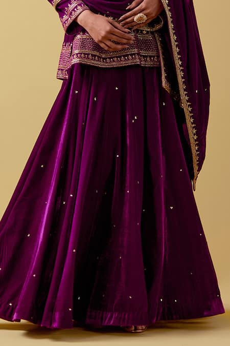 Ikshita Choudhary_Magenta Velvet, Linen Sequins, Beads, Cut Work, Embroidery Kurta Sharara Set _at_Aza_Fashions