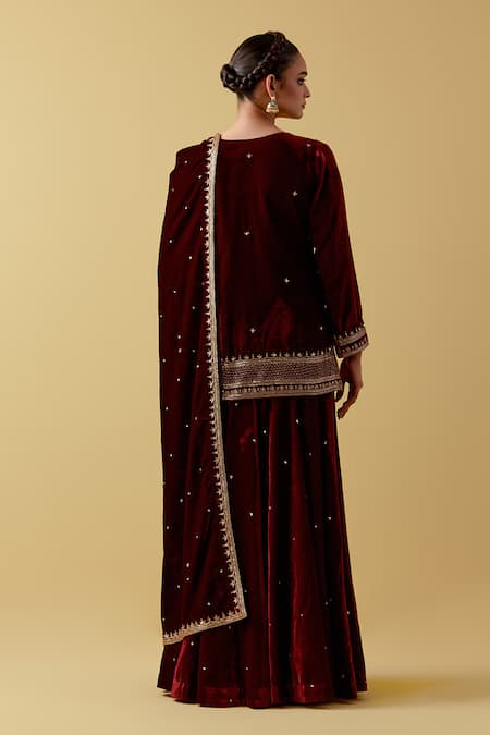 Shop_Ikshita Choudhary_Maroon Velvet Cut Work, Sequins, Beads Floral Embroidered Kurta Sharara Set _at_Aza_Fashions