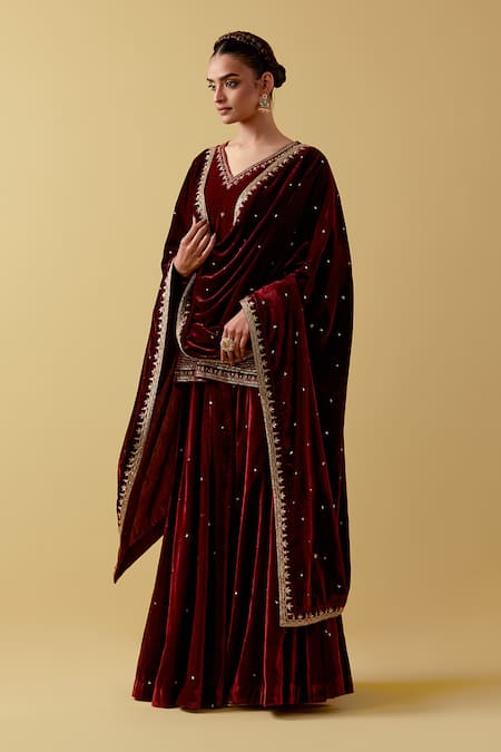 Ikshita Choudhary_Maroon Velvet Cut Work, Sequins, Beads Floral Embroidered Kurta Sharara Set _Online_at_Aza_Fashions