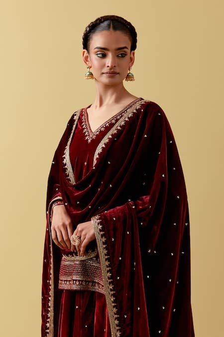 Shop_Ikshita Choudhary_Maroon Velvet Cut Work, Sequins, Beads Floral Embroidered Kurta Sharara Set _Online_at_Aza_Fashions