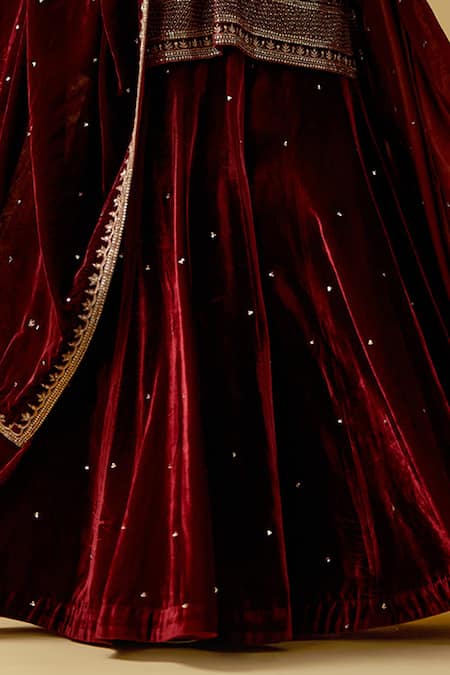 Ikshita Choudhary_Maroon Velvet Cut Work, Sequins, Beads Floral Embroidered Kurta Sharara Set _at_Aza_Fashions
