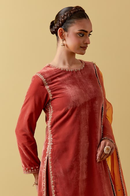 Buy Ikshita Choudhary Peach Velvet, Organza Embroidery, Sequins, Cut Work, Beads Round Kurta Pant Set Buy_Ikshita Choudhary_Peach Velvet, Organza Embroidery, Sequins, Cut Work, Beads Round Kurta Pant Set
