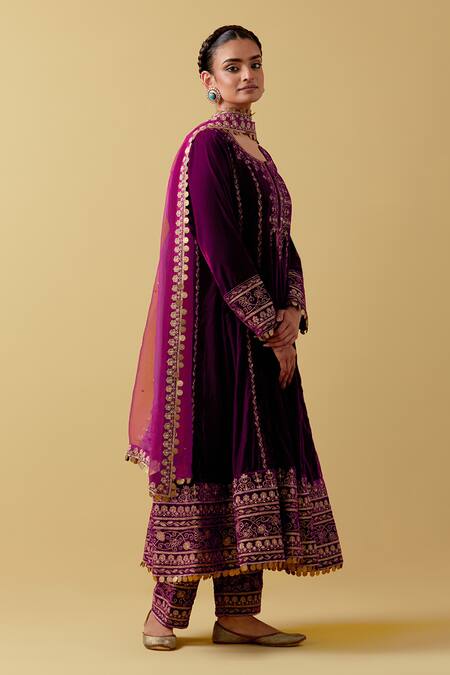 Ikshita Choudhary Purple Velvet, Organza, Cotton Sequins, Beads, Cut Work, Embroidery Anarkali Set Online at Aza Fashions Ikshita Choudhary_Purple Velvet, Organza, Cotton Sequins, Beads, Cut Work, Embroidery Anarkali Set _Online_at_Aza_Fashions