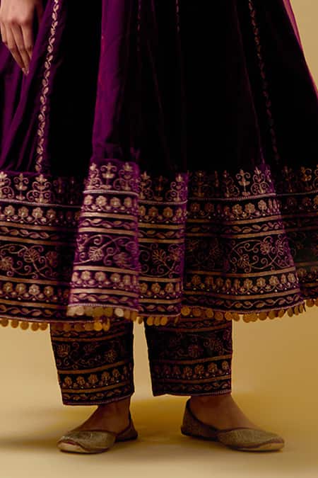 Shop Ikshita Choudhary Purple Velvet, Organza, Cotton Sequins, Beads, Cut Work, Embroidery Anarkali Set Online at Aza Fashions Shop_Ikshita Choudhary_Purple Velvet, Organza, Cotton Sequins, Beads, Cut Work, Embroidery Anarkali Set _Online_at_Aza_Fashions