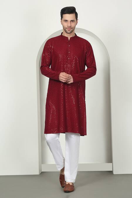 Aham-Vayam_Red Cotton Sequins, Embroidery Designer Kurta Set _Online_at_Aza_Fashions