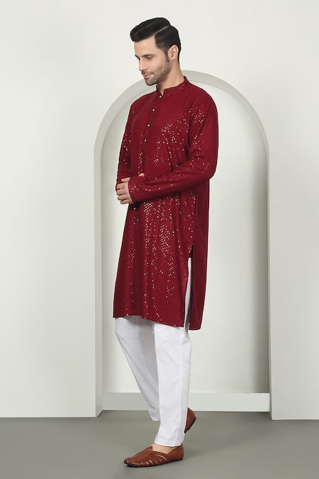 Buy_Aham-Vayam_Red Cotton Sequins, Embroidery Designer Kurta Set _Online_at_Aza_Fashions