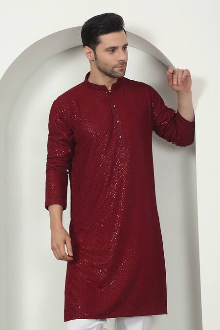 Aham-Vayam_Red Cotton Sequins, Embroidery Designer Kurta Set _at_Aza_Fashions