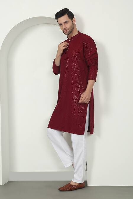 Buy_Aham-Vayam_Red Cotton Sequins, Embroidery Designer Kurta Set 