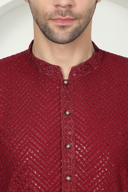 Shop_Aham-Vayam_Red Cotton Sequins, Embroidery Designer Kurta Set 